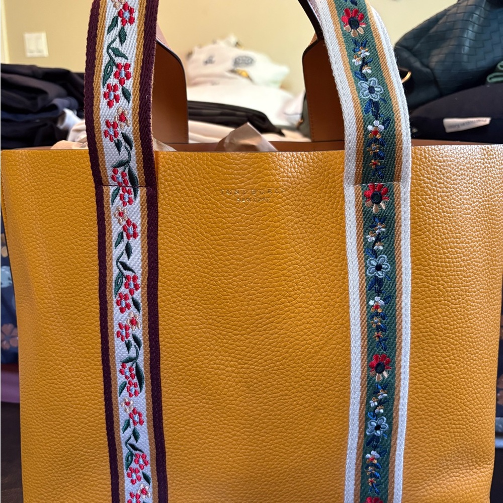 Tory Burch Mustard Tote with Embroidered Straps